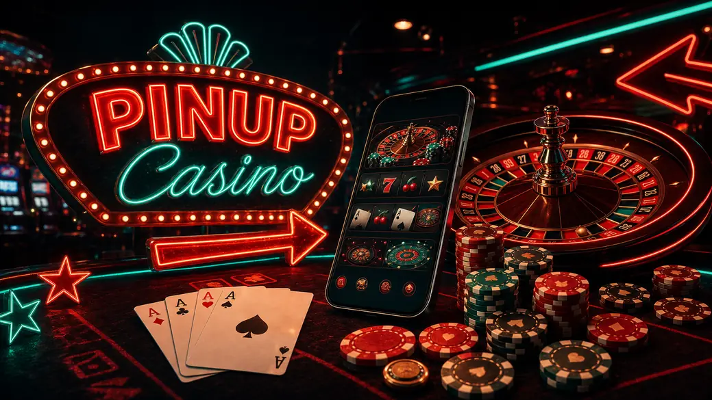 Móvil PINUP Casino con ruleta, fichas y letrero neón