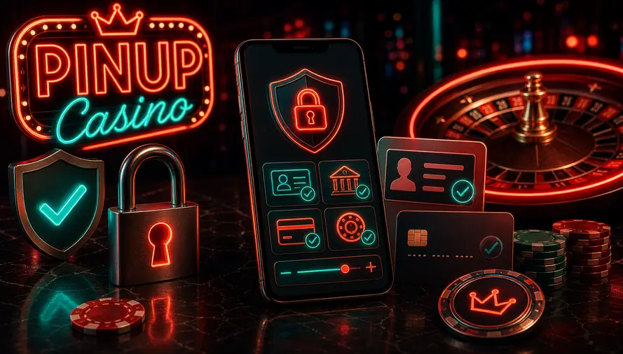Seguridad PINUP Casino con móvil, candado, escudo y verificación KYC